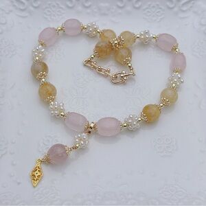 26X128 Handmade Freshwater Baby Pearl Flower ball Rose Quartz Citrine Necklace